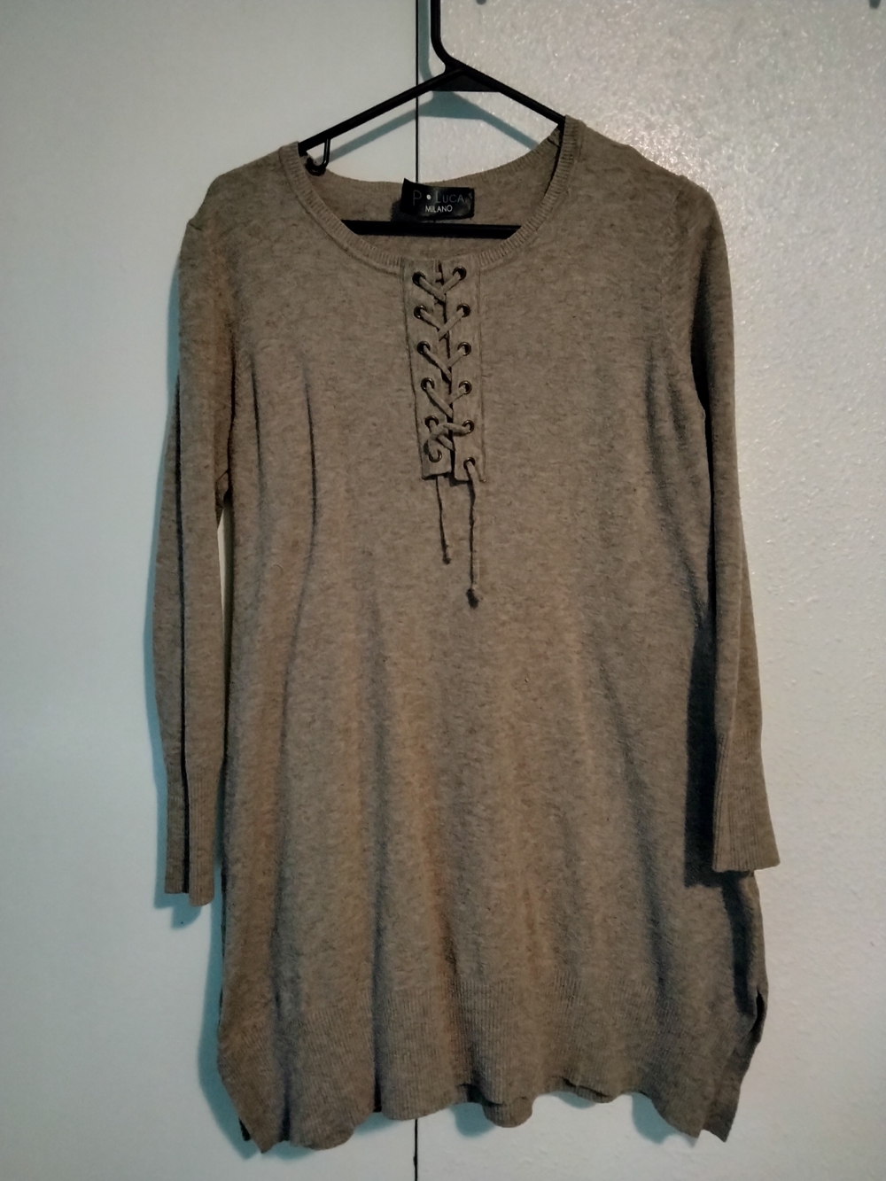 P. Luca Milano Lace Up Knit Sweater Dress Tunic Taupe Tan Beige